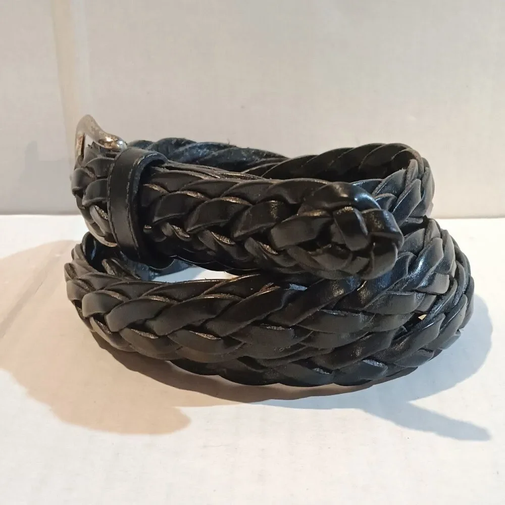 Vintage Fossil 54 Genuine Classic Braided Leather Belt-Size 42-Black-Y2K-Brass